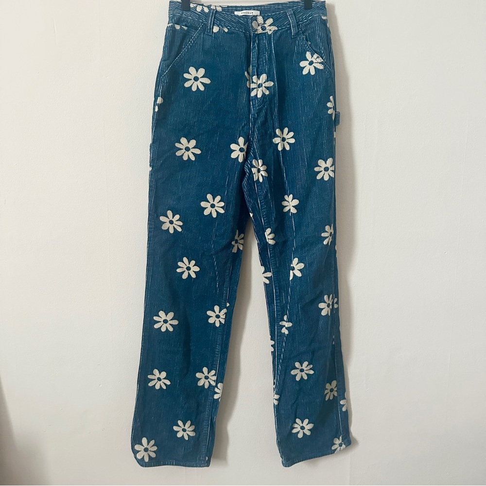PacSun Blue Corduroy 90s Boyfriend Carpenter Jeans with White Floral Design